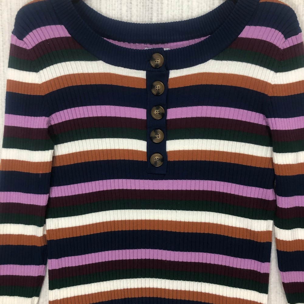 Arizona Jean Co Womens XL Striped Henley Ribbed Long Sleeve Top Multi-Color